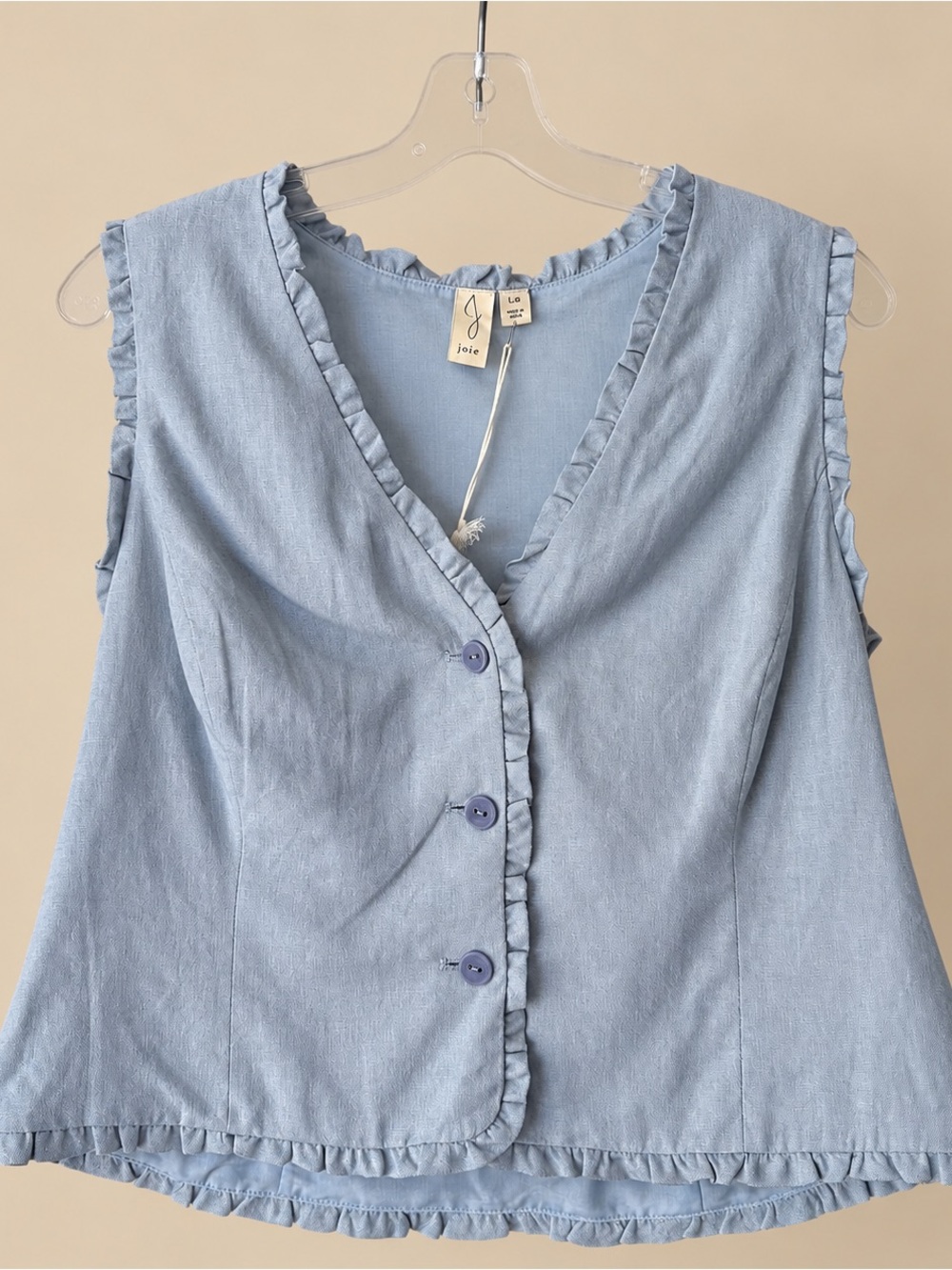Coquette Coastal Grandma Joie Linen Ruffle Vest Top Light Blue Size Large NWT